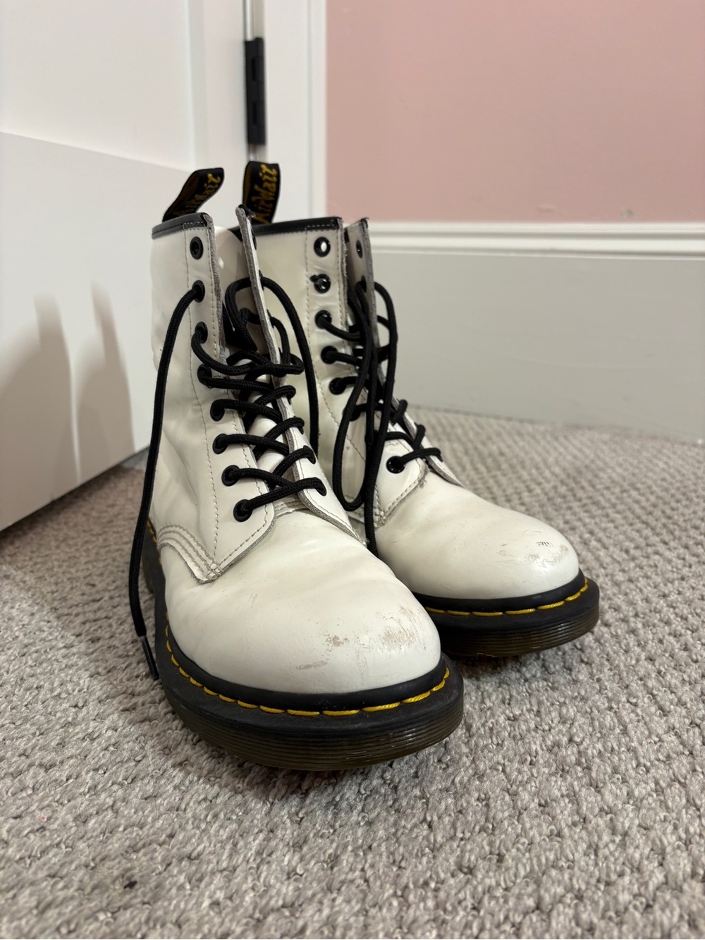 Dr. Martens White Leather 8-Eye Combat Boots with Black Laces